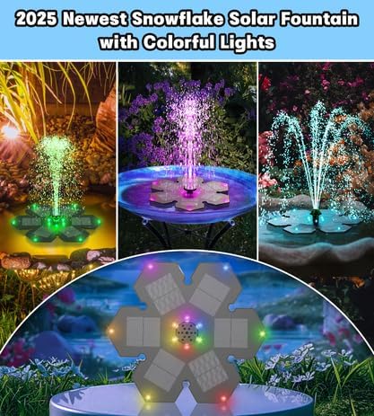SZMP Solar Fountain 2025 Upgraded, 3.5W Snowflake Double Layer Colorful Lights, 2000mAh Battery 4 Fixes & 7 Nozzles, Solar Bird Bath Fountain for Garden Patio Pond Outdoor Décor