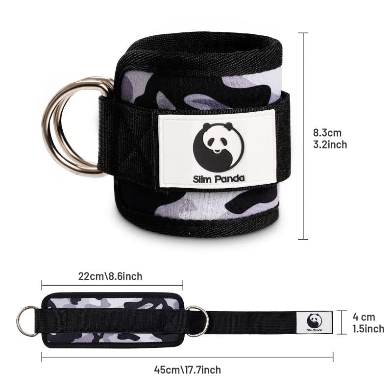 Slim Panda Ankle Strap for Cable Machine,Ankle Cuff for Kickbacks, Booty Hip Abductors,Glute Workouts, Leg Extensions, Curls for Men and Women, Adjustable with Double D-Rings (Gray camo)