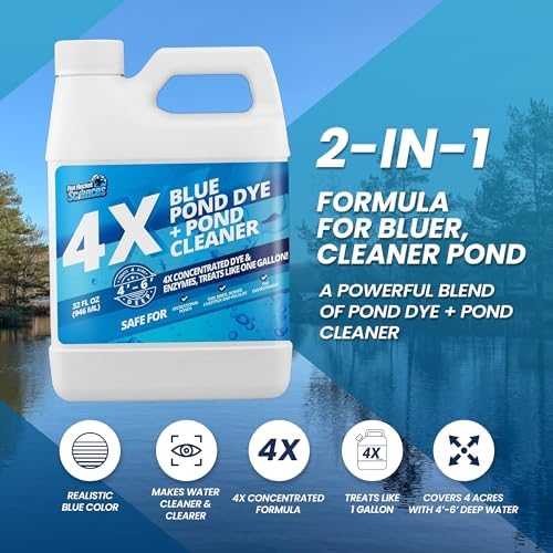 32oz 4X Blue Pond Dye + Pond Cleaner, Blue Dye for Ponds and Lakes, 2-in-1 Lake Colorant + Enzymes, Makes Murky Water Clean & Beautiful, Keeps The Water Cool, Clear, and Ideal for Fish & Wildlife
