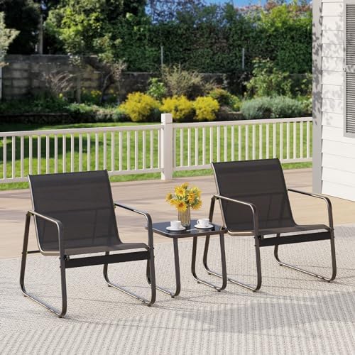 Gizoon Patio Chairs Set of 2, Patio Furniture Set with Metal Frame Glass Table, Outdoor Chairs Set of 2 for Balcony, Bistro Table and Chairs Set for Lawn, Black