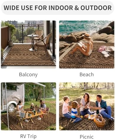 MontVoo-Outdoor Rug Carpet Waterproof 5x8 ft Reversible Patio Rug RV Camping Rug-Plastic Straw Rug Outside Indoor Outdoor Area Rug for Patio Deck Balcony Picnic Beach Outdoor Decor Boho Black Brown