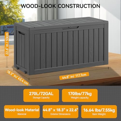 KAMABOKO Deck Box, 72 Gallon Resin Indoor and Outdoor Storage Boxes Waterproof for Garden Tools, Pool Accessories Storage Bench, Patio Furniture and Cushions with Lockable Lid, Black