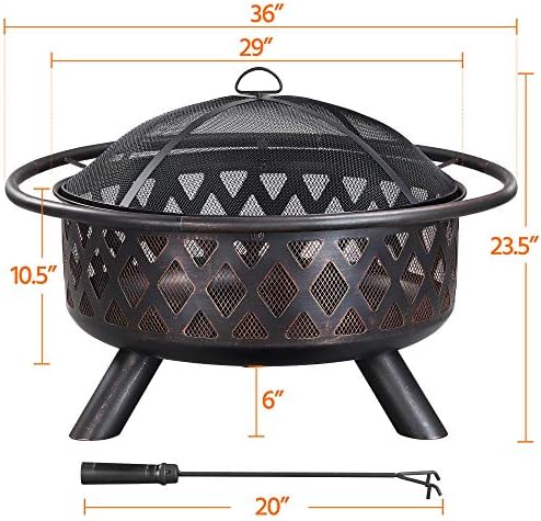 Yaheetech Fire Pit 36in Outdoor Wood Burning Fire Pits Wood Large Fire Bowl for Outside BBQ Bonfire Patio with Mesh Spark Screen, Poker and Rain Cover