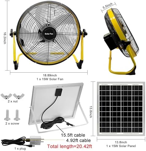 14 Inch Portable Rechargeable Fan,15600mAh Battery Powered,Camping Fan with Solar Panel,360 Vertical Tilt,Solar Powered Fan for Outside,Travel,Chicken Coop,Dog House,Shed,Greenhouse