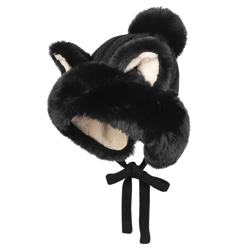 Winter Cute Faux Fur Beanie Hat Women Fox Cat Ear Furry Bucket Hat Cover with Earflap Pompom Russian Warm Plush Trapper Hat Black
