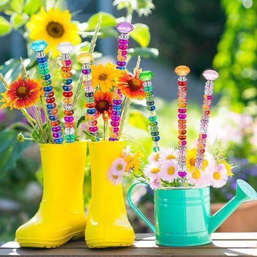 230 Pcs Beaded Garden Stakes, DIY Fairy Wand Garden Stake Beads Kits with 200 Colorful Assortment Round Large Hole Beads with 10 Crystal Stopper Top, 10 Threaded Rod and 10 Nuts for Outdoor Decoration