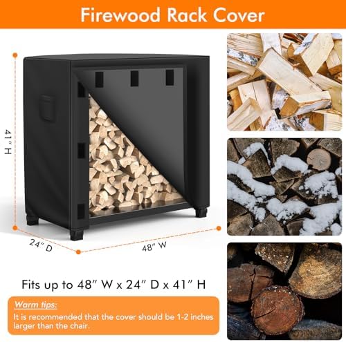 WLEAFJ Outdoor Firewood Rack Cover 4 feet, Log Rack Cover Waterproof, Wood Cover for Log Holder, 48" W x 24" D x 41" H, Black
