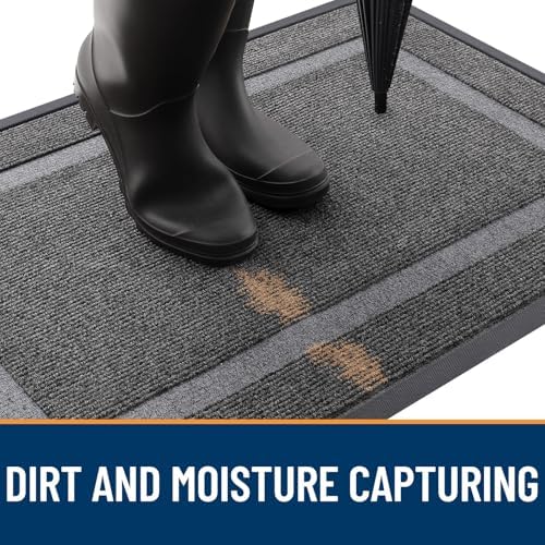 OLANLY Front Door Mat Indoor Outdoor Entrance, Waterproof All-Season, All-Weather Doormat, Sturdy Natural Rubber, Fade Resistant, Low Profile, Easy Clean Patio Porch Entryway Mat, 29.5x17, Dark Grey