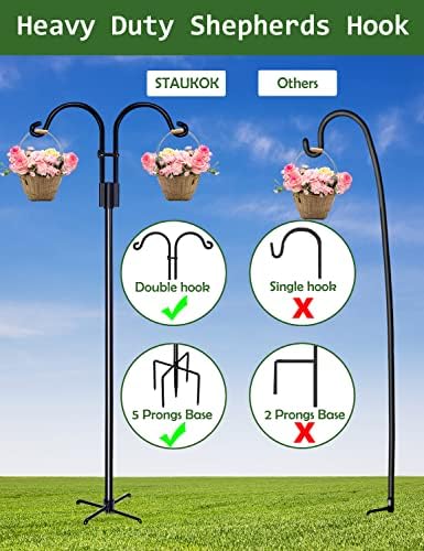 Double Shepherds Hooks for Outdoor, 2 Pack 76 Inch Bird Feeder Pole with 5 Prongs Base, Heavy Duty Garden Hook for Hanging Plant, Lantern, Hummingbird Feeder