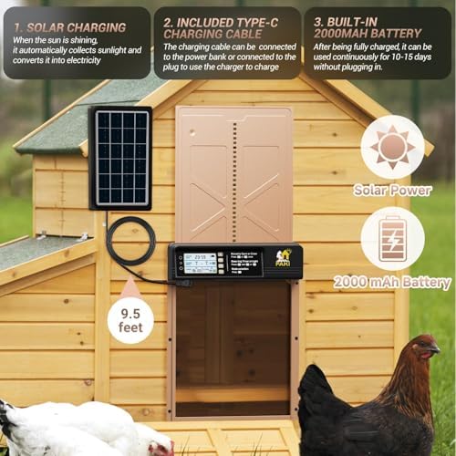 FAKI Automatic Chicken Coop Door Solar Powered with Timer Light Sensor, 2000mAh Battery and 4 Modes, Anti-Pin Brown.