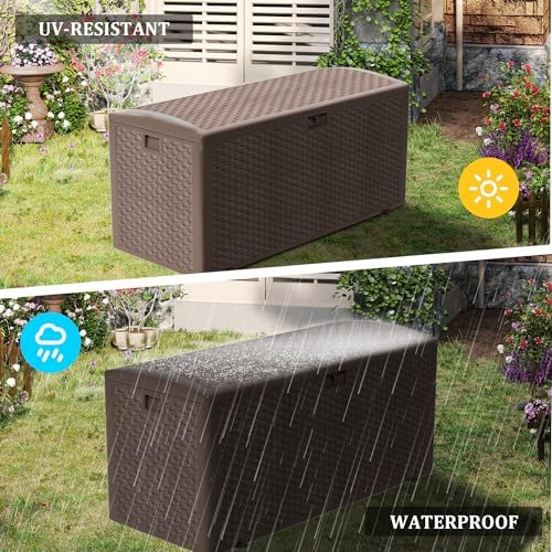 Premium Pro Edition 150 Gallon Lockable Resin Deck Box, Waterproof & UV-Resistant Outdoor Storage Box for Outdoor Cushion Storage, Garden Tools & Pool Accessories Storage, Brown