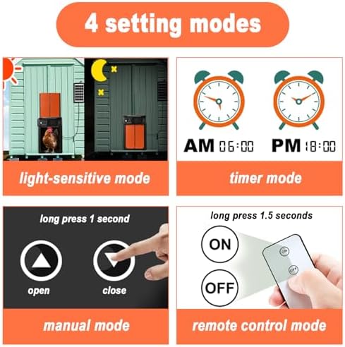 Automatic Chicken Coop Door, Solar Chicken Door with Timer, Waterproof LED Display, Light Sensor, 25M Remote Control, 4 Modes & Anti-Pinch, Large Electric Chicken Coop Door for Chicken Poultry