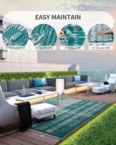 MontVoo Outdoor Rug Waterproof 5x8 ft Outdoor Carpet Patio Rug Mat Reversible RV Camping Rug Plastic Straw Outside Rug for Balcony Porch Deck Picnic Beach Modern Teal