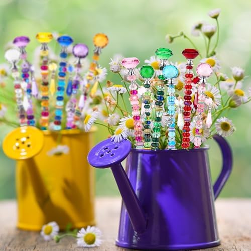 UFU 310Pcs Beaded Garden Stakes Kit - DIY Fairy Wand Garden Stake Beads Kit with 252 Colorful Assortment Large Hole Beads, 12 Threaded Rods, Crystal Stopper Top & Pendants for Outdoor Decor(10&12IN)