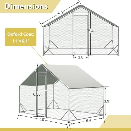 Metal Chicken Coop 10x6.6x6.56ft Walk-in Poultry Cage for 5/10 Chickens Chicken Run Hen Rabbit Duck House with Waterproof Cover for Outdoor Farm Use