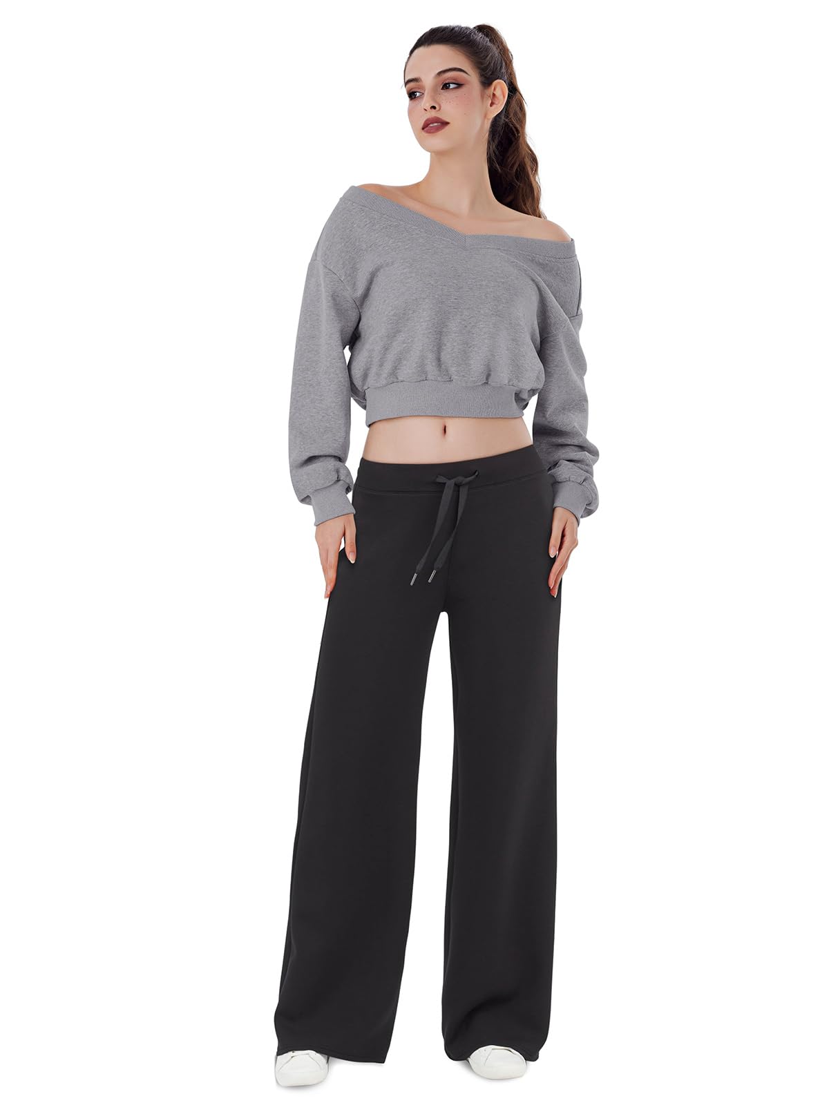 REORIA Womens Cropped Oversized Sweatshirts V Neck Long Sleeve Pullover 2024 Fall Teen Girls Y2K Fashion Crop Tops Grey