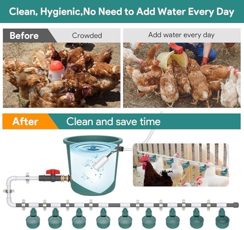 Complete Set Automatic Chicken Waterer System for Continuous Fresh Water, DIY Chicken Water Feeder with 9 Chicken Water Cups, 1/2" SCH.80 PVC Piping, Brass Pipe Fittings, Ball Valves, Poultry Waterer