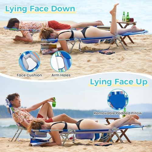 #WEJOY Folding Tanning Chair with Face Hole, 5 Positions Face Down Beach Lounge Chairs with Pillow for Outside Sunbathing Poolside (Blue/Green)