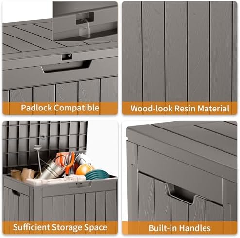 31 Gallon Resin Deck Box, Lockable Patio Outdoor Storage Box for Furniture, Garden Tools and Tools Storage, Waterproof Outside Storage Boxes - Grey