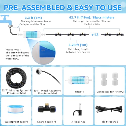 Misters for Outside Patio with Water Filter, Patio Misters for Cooling Outdoor, 66FT (20M) Misting Line 18 Brass Misters Metal Adapter(3/4"), Misting System Kit for Garden Greenhouse Gazebo Trampoline
