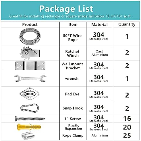 FZENeast Shade Sail Hardware Kit Include Winches & Wire Rope, Anti-Rust Stainless Steel Sun Shade Hardware Kit for Rectangle Square Triangle Shade Sail Installation(75 PCS)