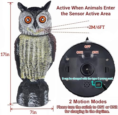 Hausse Solar Fake Owl Decoy Scare Birds Away, Solar Powered Motion Activated Scarecrow Deterrent Owl with Glowing Eyes, Scary Sound & Rotate Head, Nature Enemy Bird Repellent for Outdoor Garden Yard