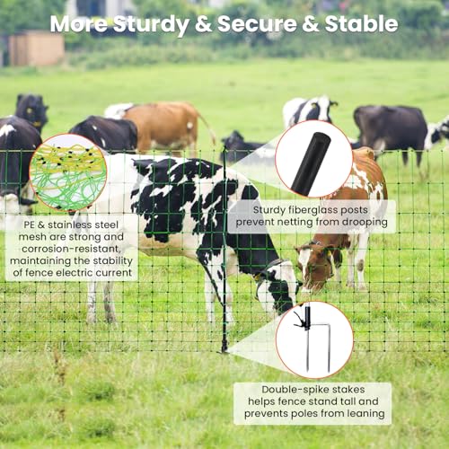 Electric Fence Netting, 49.6" H x 164'L Portable Livestock Nets for Cattle, Sheep, Goat, Hogs, Larger Animals, Electric Fencing with 14 Pre-Assembled Double-Spiked Posts for Backyards, Ranches, Farms