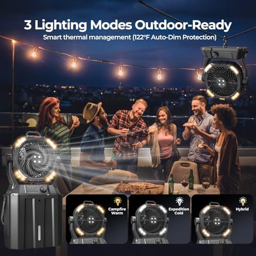 20000mAh Misting Fan with 6L Bucket & 4 Spray Misters, Waterproof Outdoor Cooling Fan for Camping/Patios - Remote Control, 4 LED Light, Stepless Speed & 56H Runtime, Rechargeable Battery, Hanging Hook