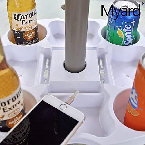 15'' Pro Universal Beach Umbrella Table Tray with Tablet Slots, Earpod Holds, Drink Holders, Snack Grooves, Phone Slots, Sunglasses Holes, Small Bag Hangers for Beach, Swimming Pool (White)