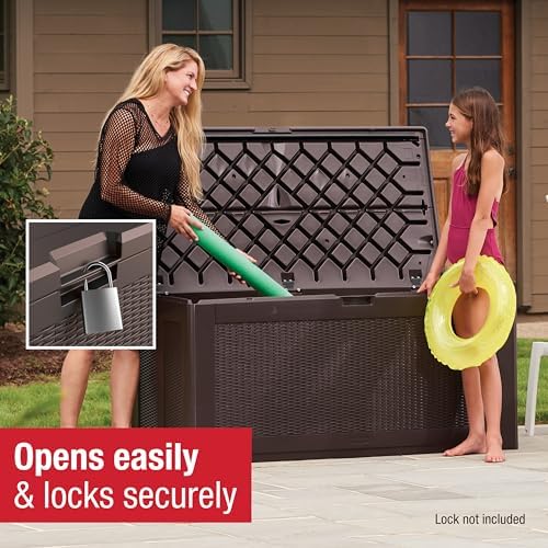 Rubbermaid Extra Large Resin Outdoor Storage Deck Box (134 Gal), Weather Resistant, Brown, Deck Organization for Home/Backyard/Pool Chemicals/Toys/Garden Tools/Porch/Patio Cushions