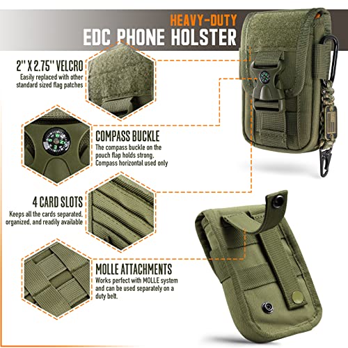 WYNEX Tactical Molle Phone Pouch with Compass Buckle, Tactical Phone Holster Molle Cell Phone Pouch Universal Belt Waist Bag for IP 15/14/13 Pro Max / S22/S21 with US Patch & Paracord Keyring Clip
