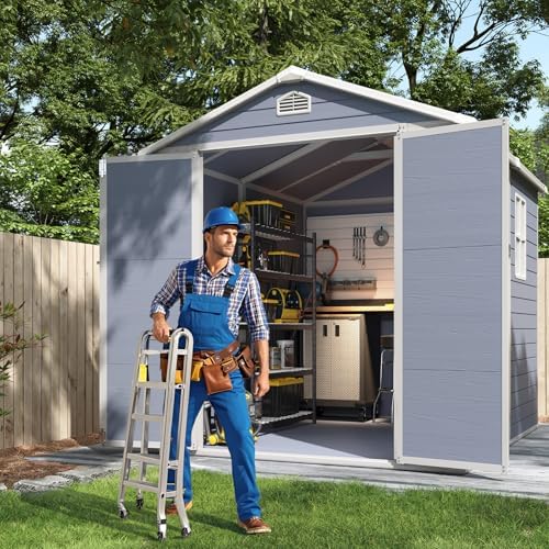 Aoxun 6 x 8 FT Outdoor Storage Shed with Window, Resin Shed with Floor & Lockable Doors, Garden Shed Waterproof Plastic Tool Shed with Sloped Roof for Backyard, Garden, Patio, Lawn, Grey