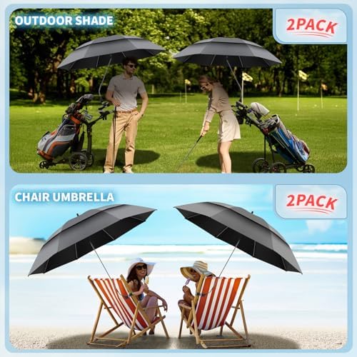 2 Pack 48.6" Double Canopy Umbrella with Clamp, UPF50+ Beach Chair Umbrella with clip, 360°Adjustable Portable Outdoor Wheelchair, Patio, Golf Carts,Camping(Not Include Chair)
