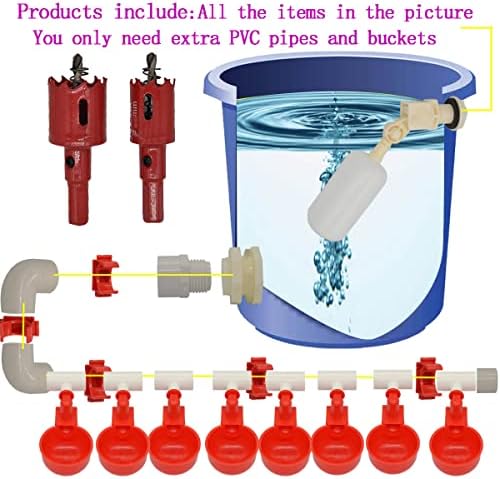 Complete Set Pipeline Automatic Chicken Nipple Waterer Cups and 1/2" PVC Tee Fittings Pipe Feeder Poultry Waterer