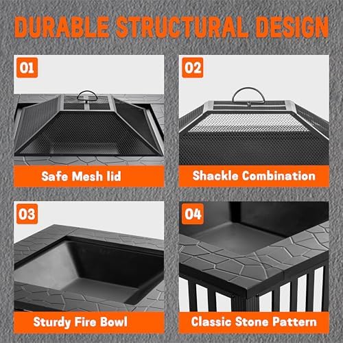 36 inch Fire Pit, Square Outdoor Fire Pit Table with Spark Screen & Fire Poker, 3-in-1 Multipurpose Firepits for Outside, Fireplace for Yard, Garden, Patio