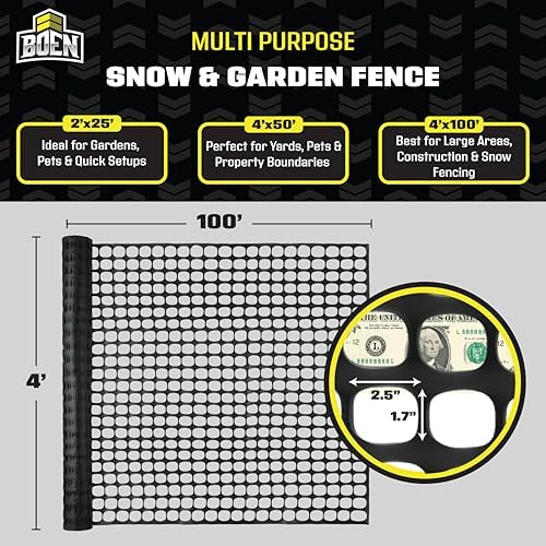 BOEN 4' x 100' Black Temporary Fencing, Mesh Snow Fence, Plastic, Safety Garden Netting, Above Ground Barrier, for Deer, Kids, Swimming Pool, Silt, Lawn, Rabbits, Poultry, Dogs