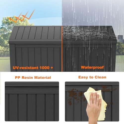 120 Gallon Resin Deck Box, Lockable Patio Outdoor Storage Box for Furniture, Garden Tools and Tools Storage, Waterproof Outside Storage Boxes - Black