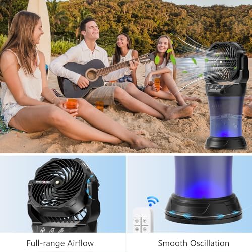 Portable Misting Fan with 30000mAh Battery, 2L Water Tank, Remote Control, RGB Light – 4 Wind Speeds, 4 Spray Modes (Continuous/3S/5S/7S), 120° Adjustable, Ideal for Camping, Patio & BBQ