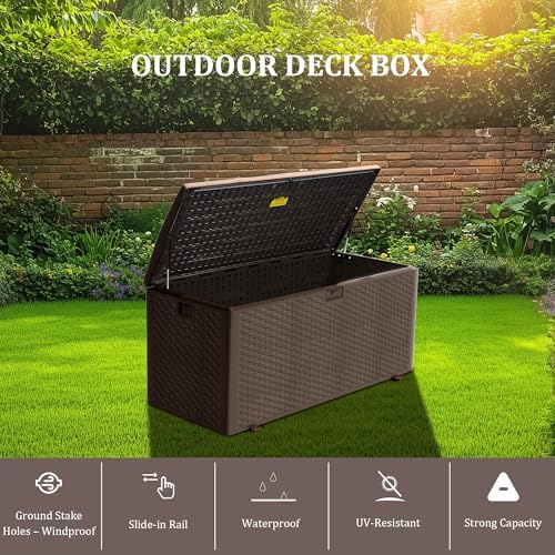 Premium Pro Edition 150 Gallon Lockable Resin Deck Box, Waterproof & UV-Resistant Outdoor Storage Box for Outdoor Cushion Storage, Garden Tools & Pool Accessories Storage, Brown