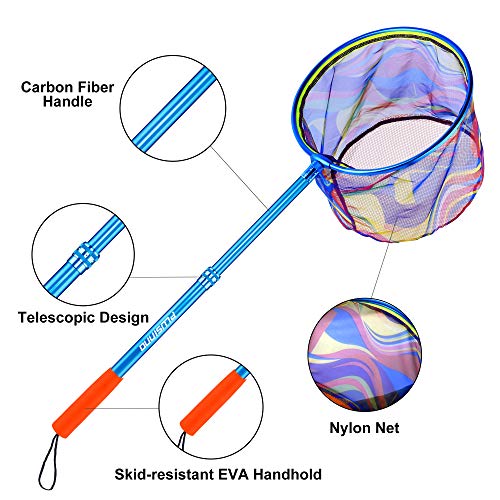 PLUSINNO Kids Fishing Net, Landing Net with Carbon Fiber Telescopic Pole Handle and Ultralight Aluminum Alloy Ring, Catch and Release Butterfly Net for Kids
