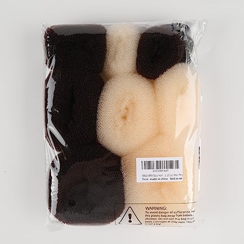 FANDAMEI Hair Donut Bun Makers Set - 4 Dark Brown & 4 Beige (2 Extra-Large, 2 Large, 2 Medium, 2 Small), 5 Elastic Bands, 20 Hair Pins