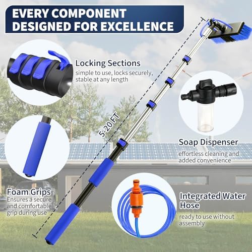 20FT Water Fed Solar Panel Cleaning Kit, Telescopic Solar Panel Cleaning Brush with Extension Pole & Soap Dispenser for Household & Outdoor
