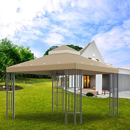 Sumfaller 10x10 FT Gazebo Replacement Canopy Top Cover Double Tiered Canopy Top Cover for Outdoor BBQ Roof Cover Grill Shelter (Brown)