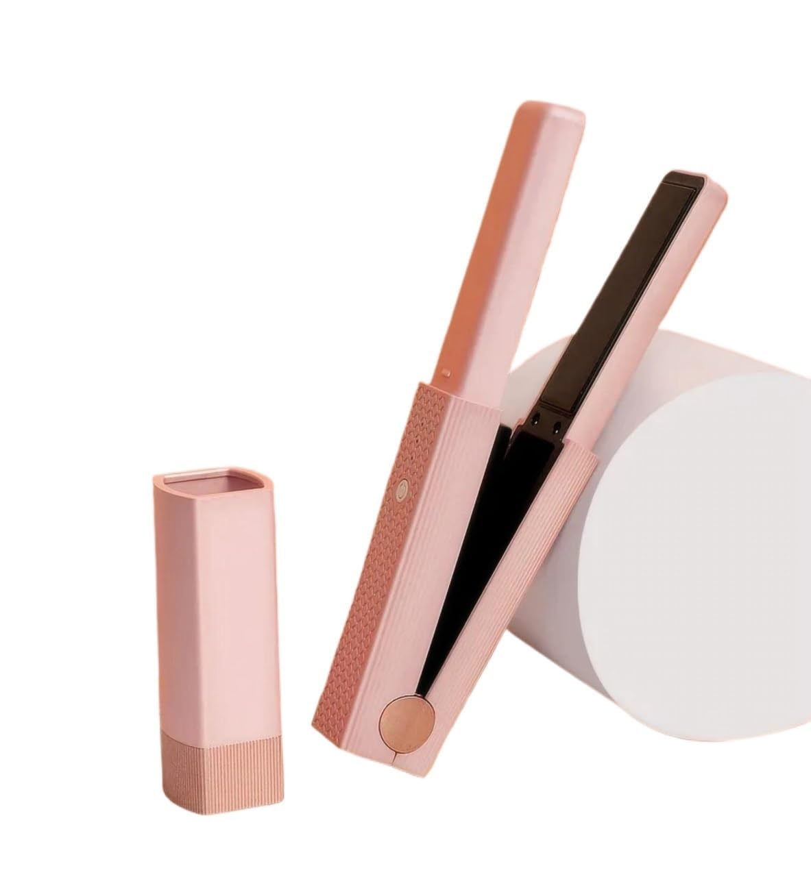 Cordless Hair Straightener, 2 in 1 Portable Mini Ceramic Flat Iron and Curler, USB-C Rechargeable Travel Straightener, Lock in Moisture & Shine, 3 Levels Adjustable (Pink)