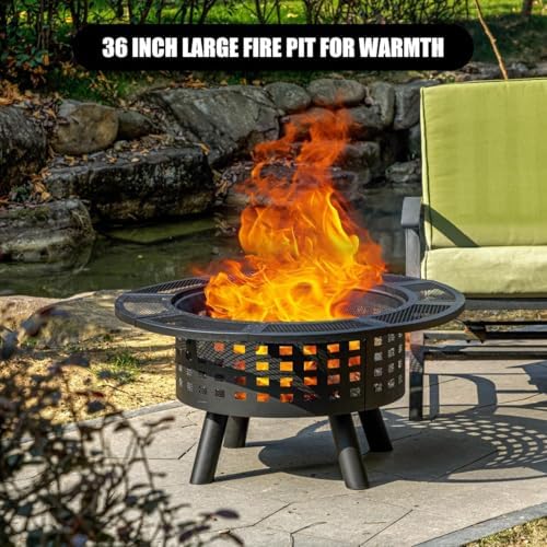 36 inch Outdoor Fire Pit with Grill,Wood Burning Firepits for Outside with Lid & Fire Poker,Metal 3-in-1 Fire Pit Table with Cooking Grate,Outdoor Fireplaces for Bonfire,Yard,BBQ(Jet Black)