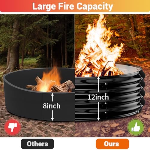 60IN Heavy Duty Fire Pit Ring for Outside - Large Wood Burning Fire Pits&Outdoor Fireplace,High Heat Resistant,12'' Raised,Galvanized Steel Bonfire Pit Portable for Camping,Backyard,Patio