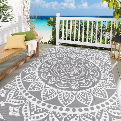 Bsmathom Waterproof Outdoor Rug 6'x9' Reversible Boho Plastic Straw Patio Deck Camping Rugs, Indoor Outdoor Portable RV Mat Clearance Carpet for Outside, Porch, Balcony, Backyard, Beach, Pool,Grey