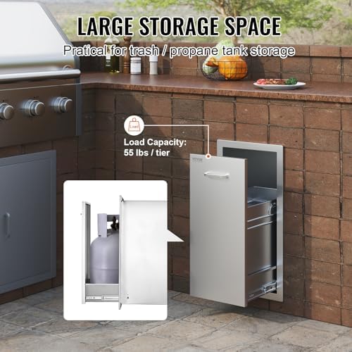 VEVOR Pull Out Trash Drawer 13.4"W x 25.7"H x 19.6"D Lower Sliding Rails Stainless Steel Roll Out Trash Bin Pull Out Tray Outdoor Kitchen Trash Drawer with Handle for BBQ Island Grill Station