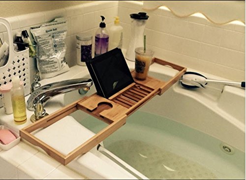 Bamboo Bathtub Tray - Wood Bath Caddy with Book, Phone, or Tablet Rest, Cup Holder, and Extended Sides for Bath Accessories by Home-Complete (Natural)