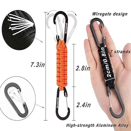 BRAVESHINE 1 Black 1 Orange Paracord Keychain Hooks Carabiner Clips, Lanyard Hanger D Ring Heavy-weight Stroller Hooks Holder for Water Bottle, Key, Backpacks, Tools, Men, Women
